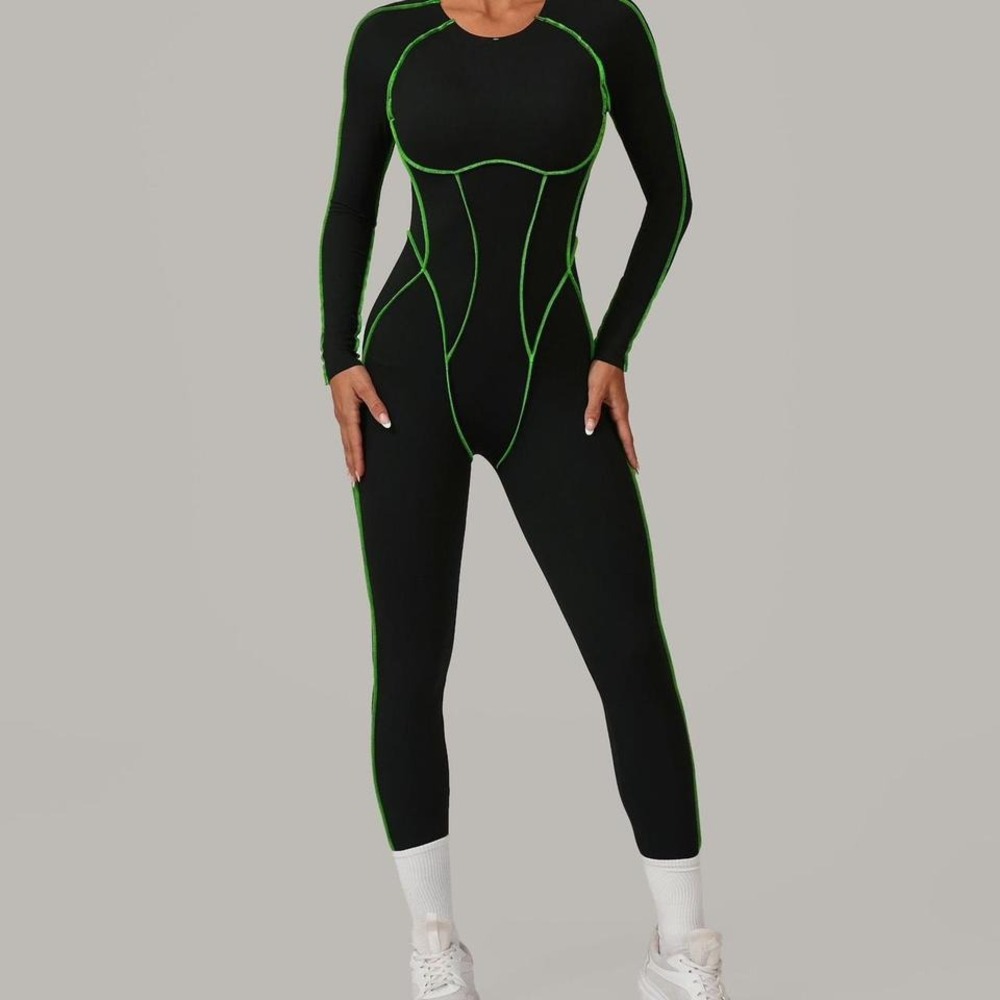 Black Neon Green Contrast Stitch Long Sleeve Open Back Jumpsuit Romper Medium